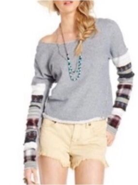 We The Free Gray Off-Shoulder Sweater with Patterned Sleeve Stripes